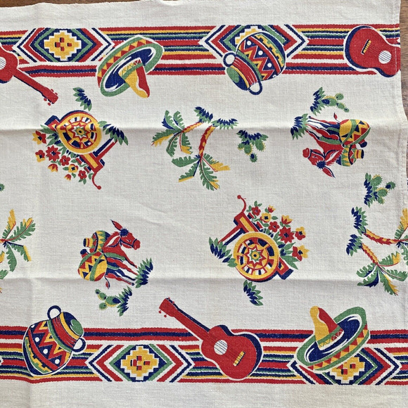 Vintage Startex Mills Cotton Linen Tea Towel Beige Red Blue Southwestern Print - Picture 7 of 10